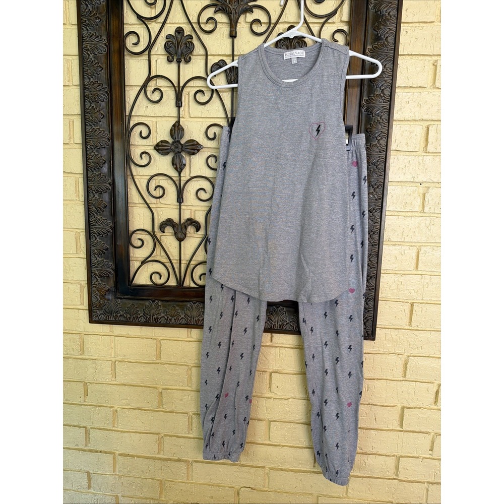 PJ Salvage Pajama Set Sz S Gray Pink Lightning Bolt Joggers Tank Pajamas Sleep